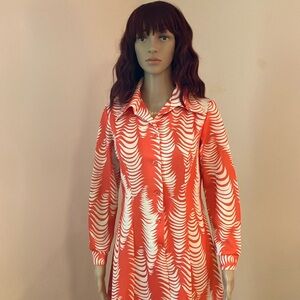 Vintage Polyester Orange and White Patterned Women's Dress. Kitschy and Fabulous